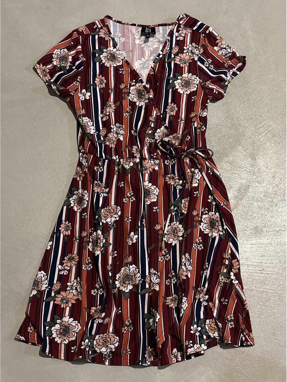 Derek Heart Floral and Striped Short Sleeve Dress with Waist Tie